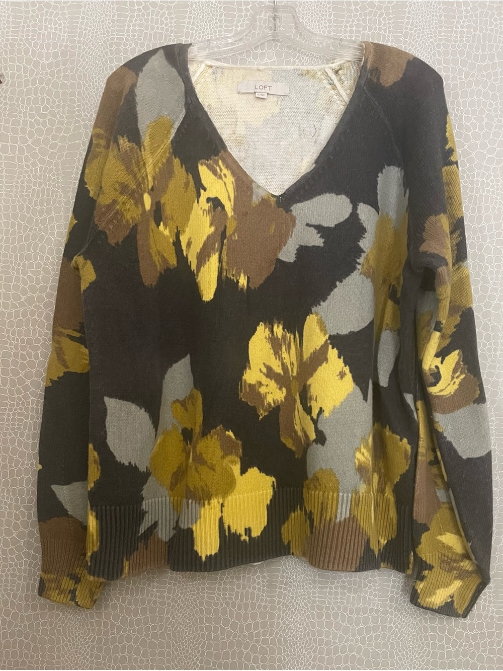 LOFT V-Neck Floral-Print Sweater in Charcoal, Mustard and Gray